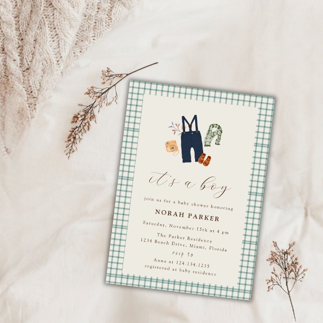 Vintage Country Plaid Boy Clothes Baby Shower  Invitation (Watercolor Boho Boy Winter Clothes Baby Shower Invitation)