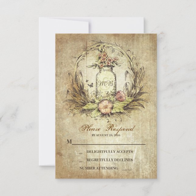 Vintage country rustic mason jar wedding RSVP Card (Front)