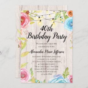 Vintage Country Rustic String Lights 40th Birthday Invitation