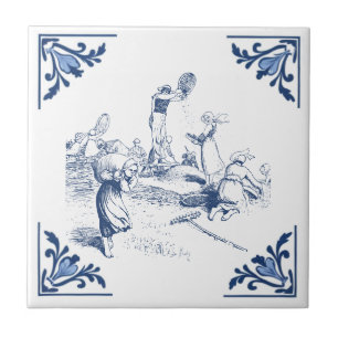 Vintage Country Winnowing Wheat Delft Blue White Tile