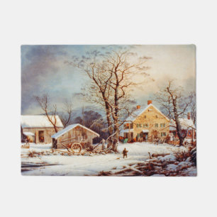Vintage Country Winter Holiday Christmas Scene Doormat