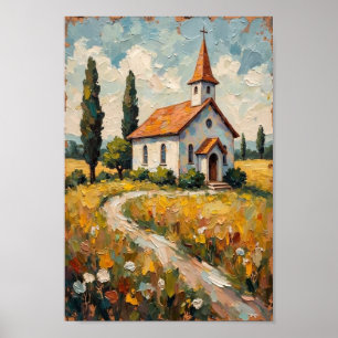 Vintage Countryside Chapel Landscape Art Poster