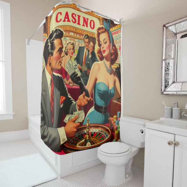 Vintage Couple Casino Illustration Shower Curtain (In Situ)