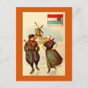 Vintage couple ice skating, windmill, Holland Postcard