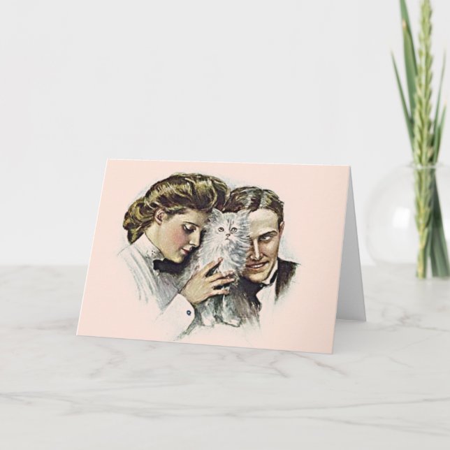 Vintage Couple With White Cat Greeting Card (Front)