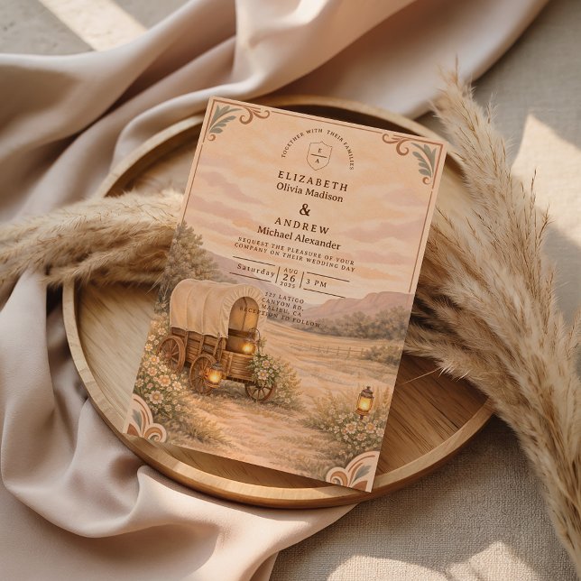 Vintage Covered Wagon Meadow Wedding Invitation (Creator Uploaded)