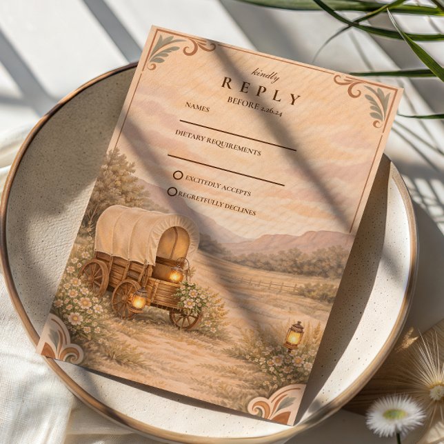Vintage Covered Wagon Meadow Wedding RSVP Card (Creator Uploaded)