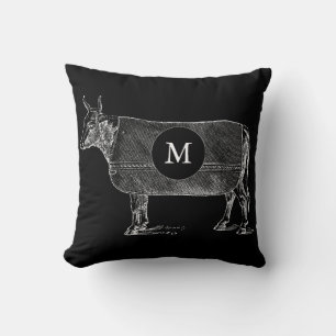 VINTAGE Cow Blanket Black White Monogram Pillow