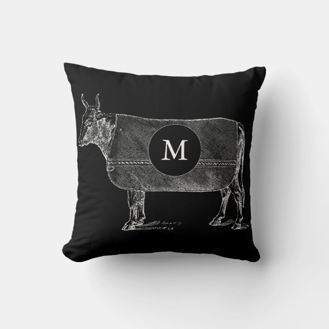 VINTAGE Cow Blanket Black White Monogram Pillow (Front)