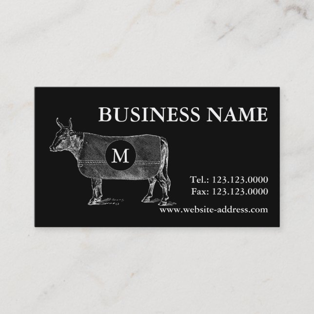 Vintage Cow Blanket Monogram Black Business card (Front)