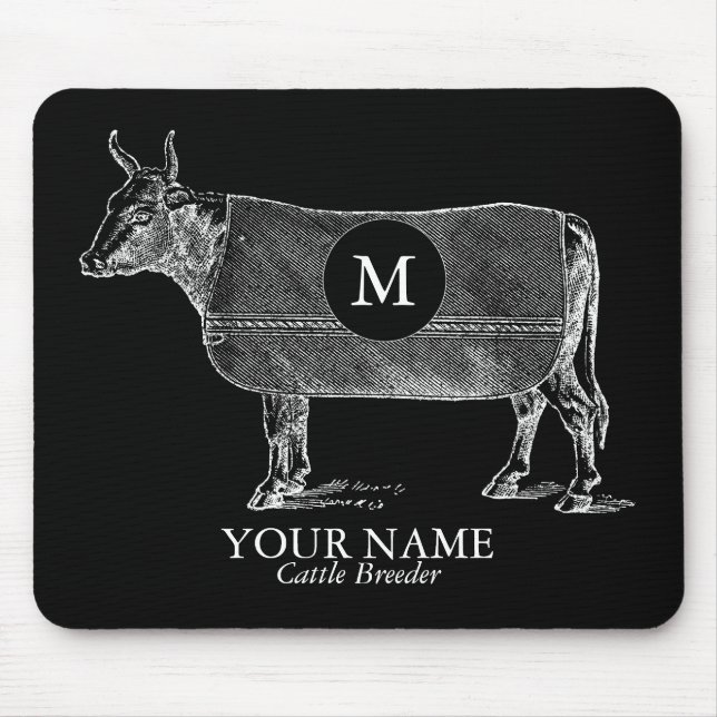 Vintage Cow Blanket Monogram Black Mousepad (Front)