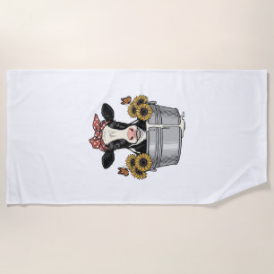 Vintage Cow in Tub Sunflower Butterfly Vector Desi Beach Towel