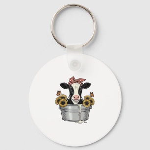Vintage Cow in Tub Sunflower Butterfly Vector Desi Key Ring