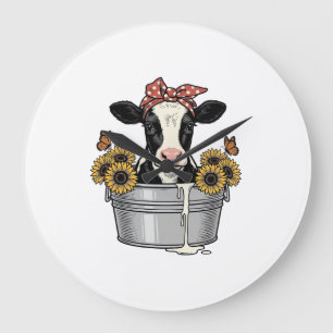 Vintage Cow in Tub Sunflower Butterfly Vector Desi Large Clock