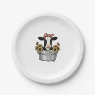Vintage Cow in Tub Sunflower Butterfly Vector Desi Paper Plate