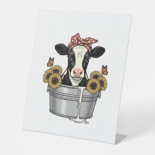 Vintage Cow in Tub Sunflower Butterfly Vector Desi Pedestal Sign