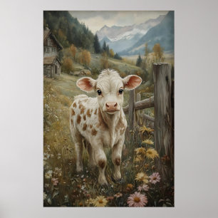 Vintage Cow Print, Calf Easter Flower Farmhouse Poster