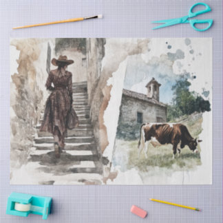 Vintage Cow Village Watercolor Woman Plaid Dress Tissue Paper