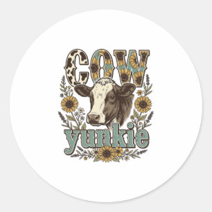 Vintage Cow Yunkie Sunflower Farmhouse Design_1 Classic Round Sticker