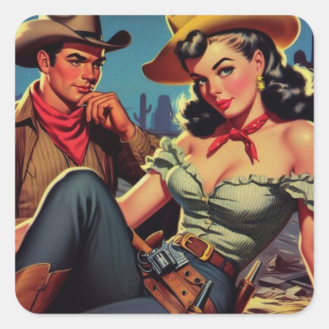 Vintage Cowboy and Cowgirl Square Sticker (Front)