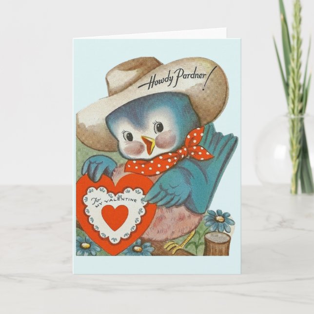 Vintage Cowboy Blue Bird Valentine Greeting Card (Front)