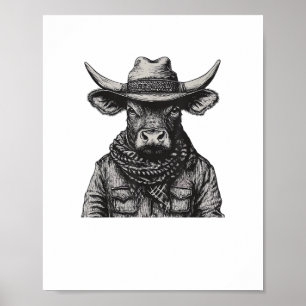 Vintage Cowboy Bull Rodeo Moooch Obliged Pardner W Poster
