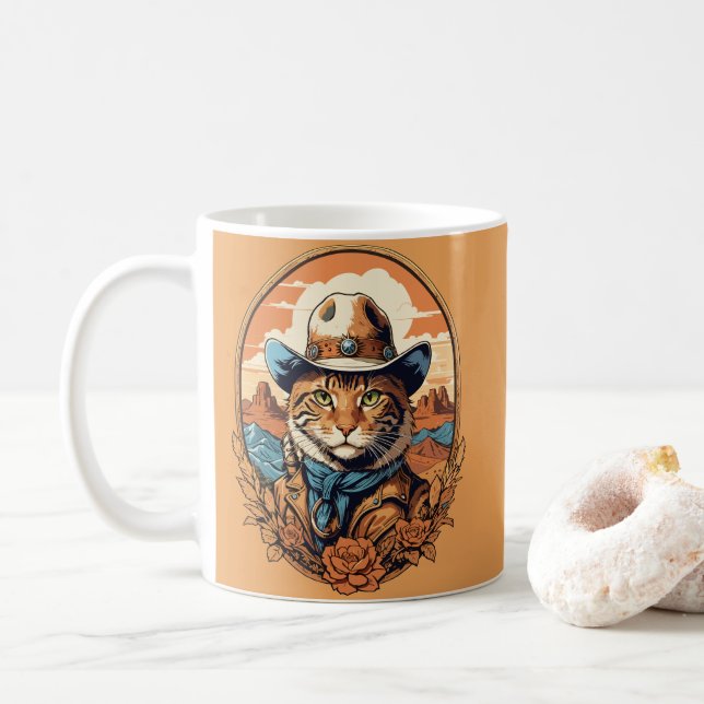Vintage Cowboy Cat Design Coffee Mug (With Donut)