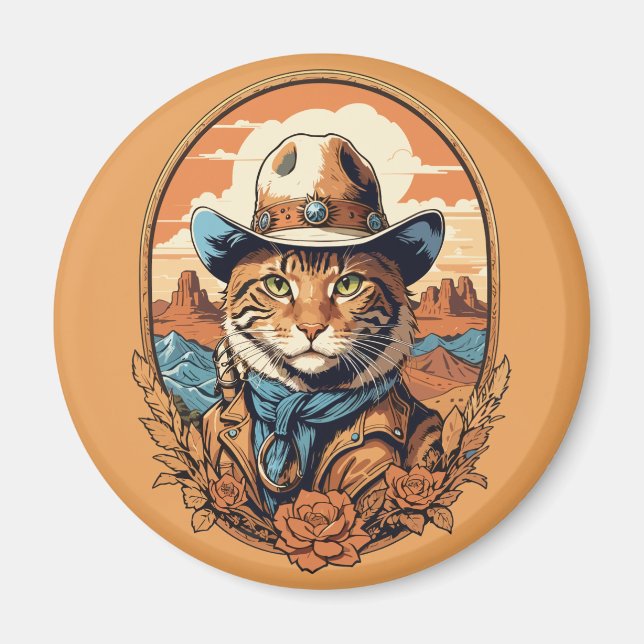 Vintage Cowboy Cat Design Magnet (Front)