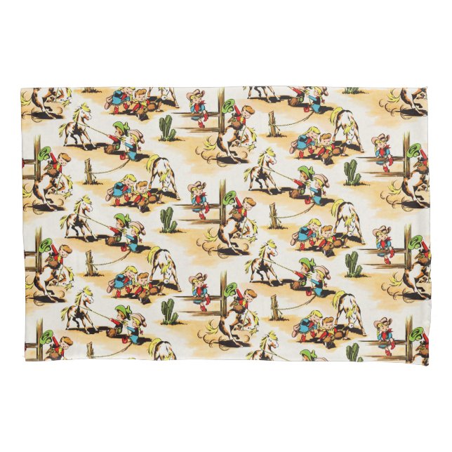 Vintage Cowboy Cowgirl Country Kids Pony Cactus Pillowcase (Front)