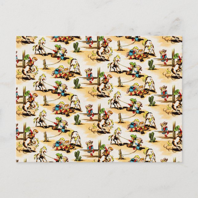 Vintage Cowboy Cowgirl Country Kids Pony Cactus Postcard (Front)