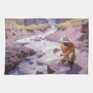 Vintage Cowboy, Panning Gold, Wyoming by Leigh Tea Towel