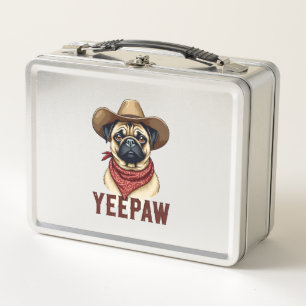 Vintage Cowboy Pug YeePaw Western Dog Illustration Metal Lunch Box