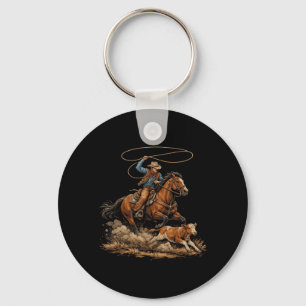 Vintage Cowboy Roping Calf Rodeo Country Western Key Ring