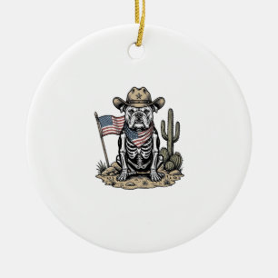 Vintage Cowboy Skeleton Dog Patriotic Shirt Design Ceramic Tree Decoration
