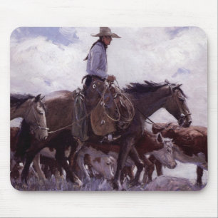 Vintage Cowboy with His Herd of Cattle by Koerner Mouse Pad