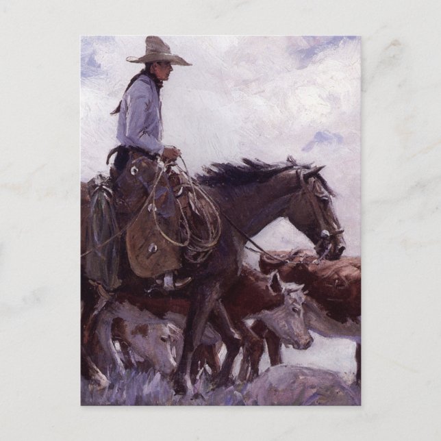 Vintage Cowboy with His Herd of Cattle by Koerner Postcard (Front)