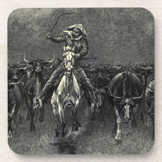 Vintage Cowboys, A Stampede by Frederic Remington Coaster (Front)