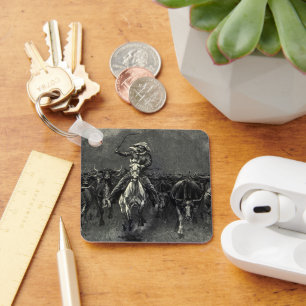 Vintage Cowboys, A Stampede by Frederic Remington Key Ring