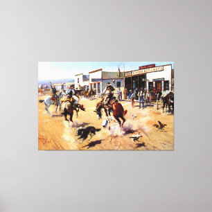 Vintage Cowboys Guns And Horse Bank Robbery Canvas Print