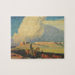 Vintage Cowboys, Open Range by Maynard Dixon Jigsaw Puzzle<br><div class="desc">Open Range (1942) by Maynard Dixon is a vintage American West fine art landscape painting. A cowboy rancher riding his horse on the plains of the southwest. He is herding his cows, bulls and cattle on the prairie. Large white clouds fill the sky over the open farm fields and the...</div>