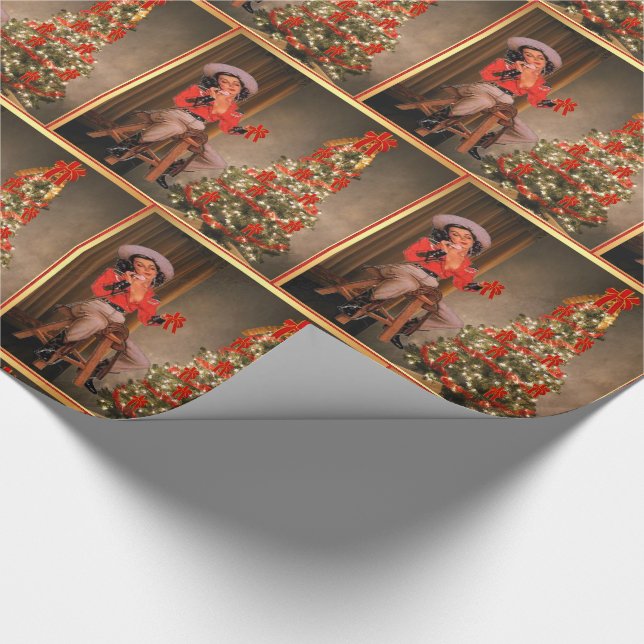 Vintage Cowgirl and Christmas Tree Holiday Wrapping Paper (Corner)