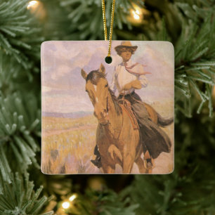 Vintage Cowgirl Cowboy, Woman on Horse by Dunton Ceramic Ornament