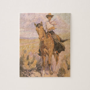 Vintage Cowgirl Cowboy, Woman on Horse by Dunton Jigsaw Puzzle