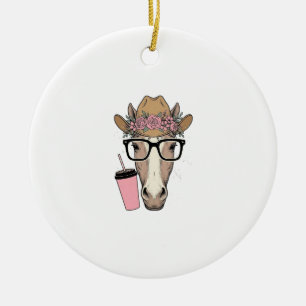 Vintage Cowgirl Horse With Flowers and Pink Drink Ceramic Tree Decoration