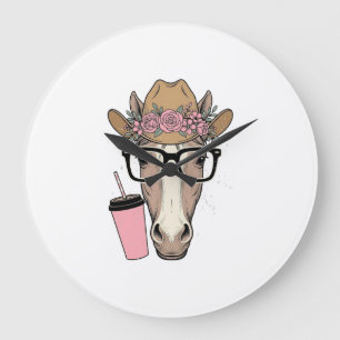 Vintage Cowgirl Horse With Flowers and Pink Drink Large Clock