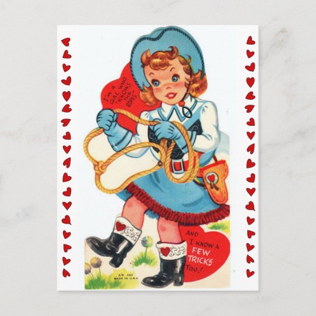 Vintage Cowgirl & Lasso 1950's Valentine Postcard (Front)