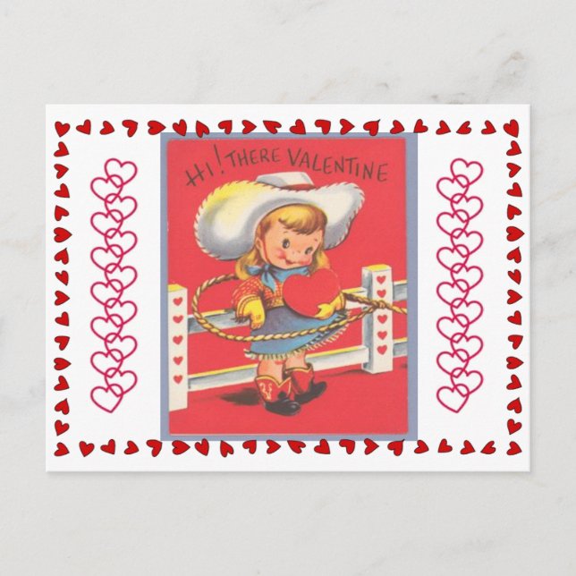 Vintage Cowgirl Lassos Your Heart Valentine Postcard (Front)