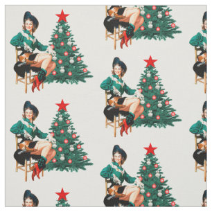 Vintage Cowgirl On Chair With Christmas Tree Fabri Fabric