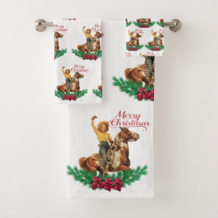 Vintage Cowgirl On Horse Merry Christmas   Bath Towel Set