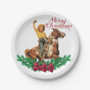 Vintage Cowgirl On Horse Merry Christmas Paper Plate